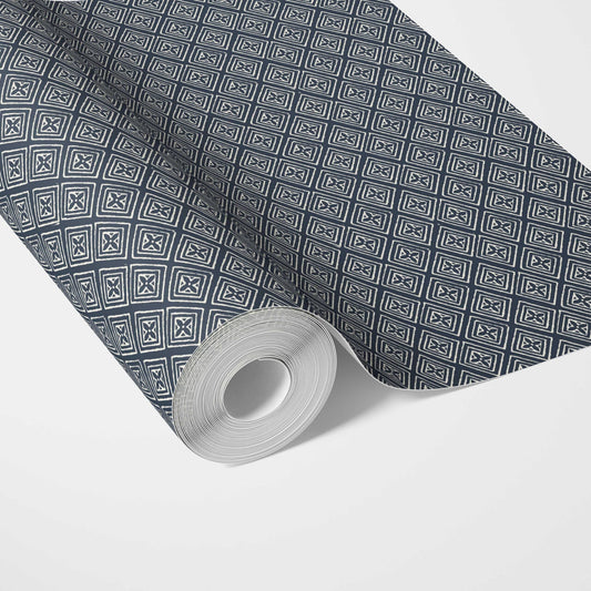 Small Diamond Lattice/ Textured Check Traditional Wallpaper Sample (Midnight Blue/ White)