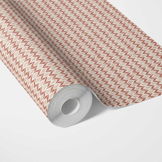 Geometric Ikat Striped Traditional Wallpaper Sample (Brick Red/ White)