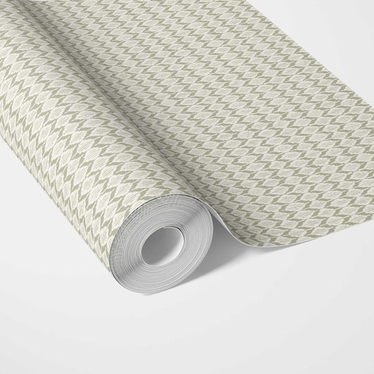 Geometric Ikat Striped Traditional Wallpaper Sample (Olive Green/ White)