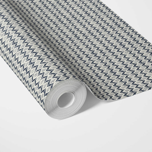 Geometric Ikat Striped Traditional Wallpaper Sample (Navy Blue/ White)