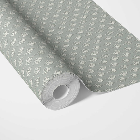 Textured Teardrop/ Paisley Block Print Traditional Wallpaper (Green-Gray/ White)