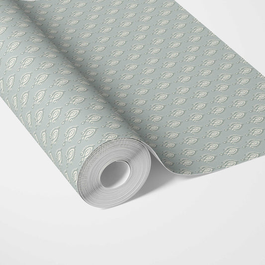 Textured Teardrop/ Paisley Block Print Traditional Wallpaper Sample (Blue-Gray/ White)