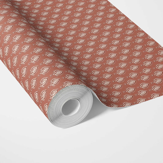 Textured Teardrop/ Paisley Block Print Traditional Wallpaper Sample (Red/ White)