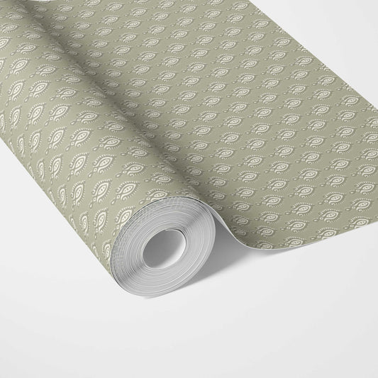 Textured Teardrop/ Paisley Block Print Traditional Wallpaper (Olive Green/ White)