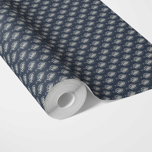 Textured Teardrop/ Paisley Block Print Traditional Wallpaper Sample (Navy Blue/ White)