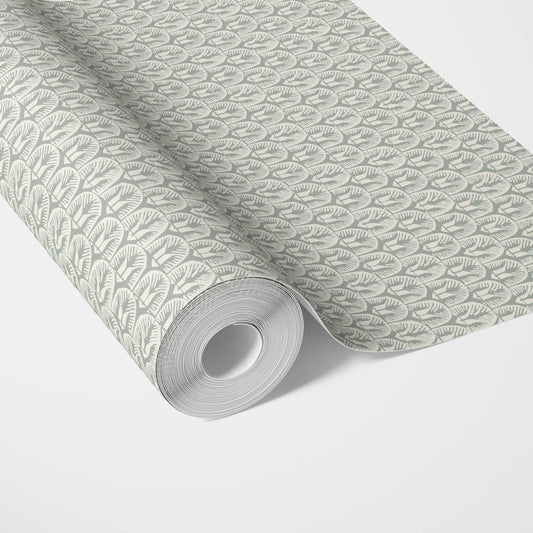Geometric Scallops Floral Traditional Wallpaper Sample (Green-Gray/ White)