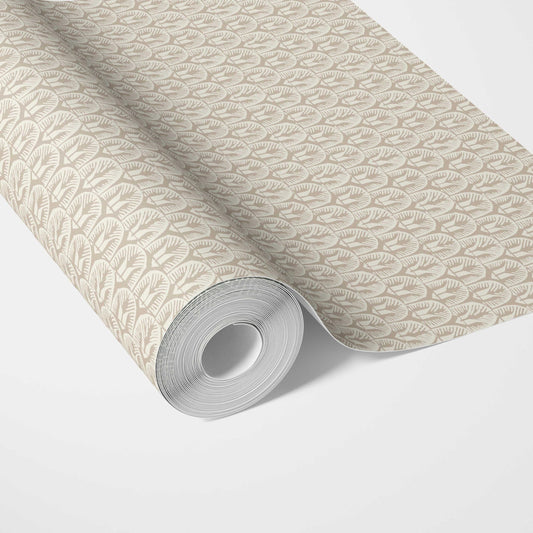 Neutral Geometric Scallops Floral Traditional Wallpaper (Stone Beige/ White)