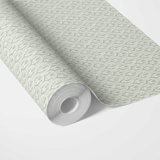 Neutral Geometric Scallops Floral Traditional Wallpaper Sample (Green/ White)