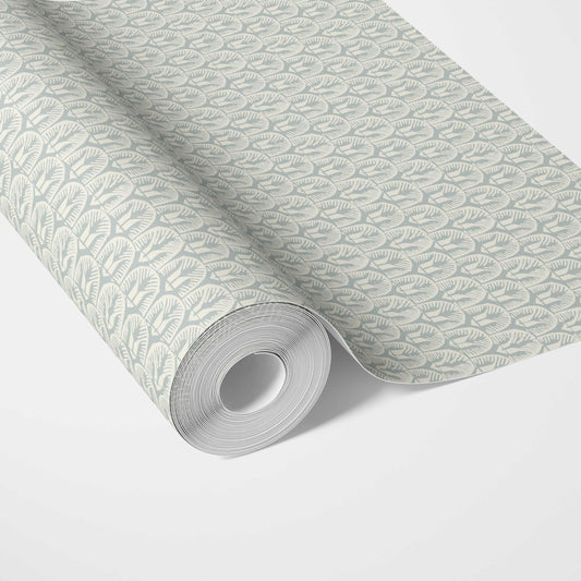 Geometric Scallops Floral Traditional Wallpaper Sample (Duck Egg Blue/ White)