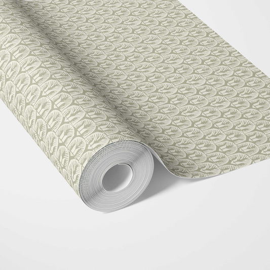 Geometric Scallops Floral Traditional Wallpaper Sample (Olive Green/ White)