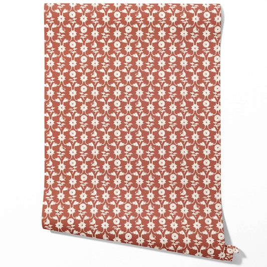 Modern Floral Botanical Traditional Wallpaper Sample (Terracotta Red/ White)