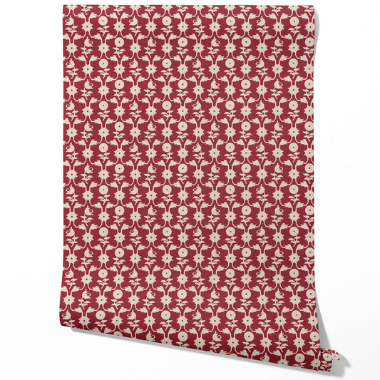 Modern Floral Botanical Traditional Wallpaper Sample (Deep Red/ Off-White)