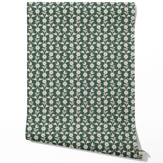 Modern Floral Botanical Traditional Wallpaper Sample (Green/ Beige)