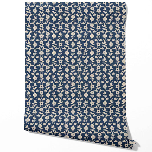 Modern Floral Botanical Traditional Wallpaper Sample (Navy Blue/ Beige)