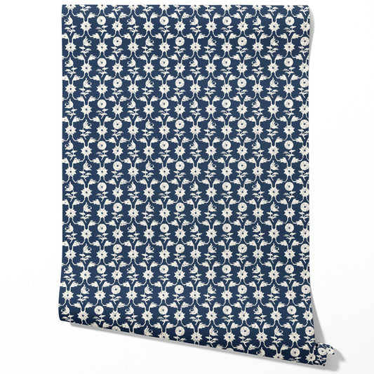 Modern Floral Botanical Traditional Wallpaper Sample (Navy Blue/ White)