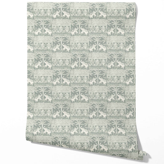 Ethnic/ Heritage Elephants & Animals Print Traditional Wallpaper (Green-Gray/ White)
