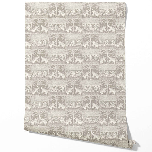 Ethnic/ Heritage Elephants & Animals Print Traditional Wallpaper (Warm Gray/ Greige/ White)