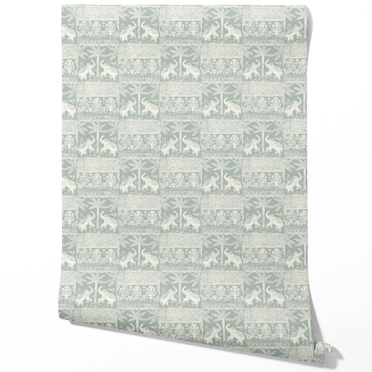 Ethnic/ Heritage Elephants & Animals Print Traditional Wallpaper Sample (Duck Egg Blue/ White)