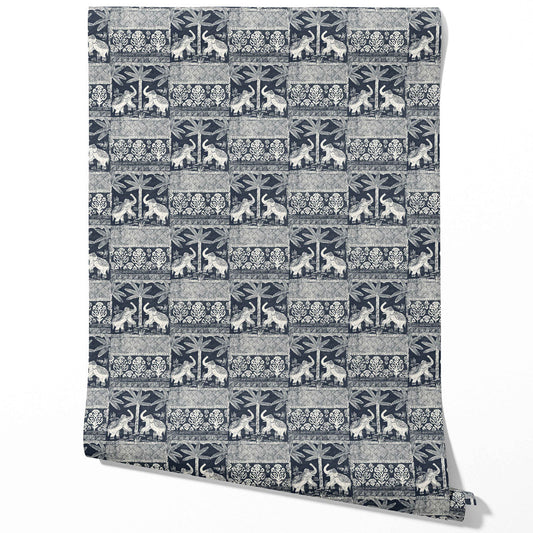 Ethnic/ Heritage Elephants & Animals Print Traditional Wallpaper Sample (Navy Blue/ White)
