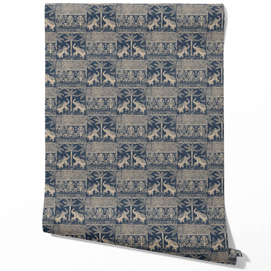 Ethnic/ Heritage Elephants & Animals Print Traditional Wallpaper Sample (Smoky Blue/ Beige)