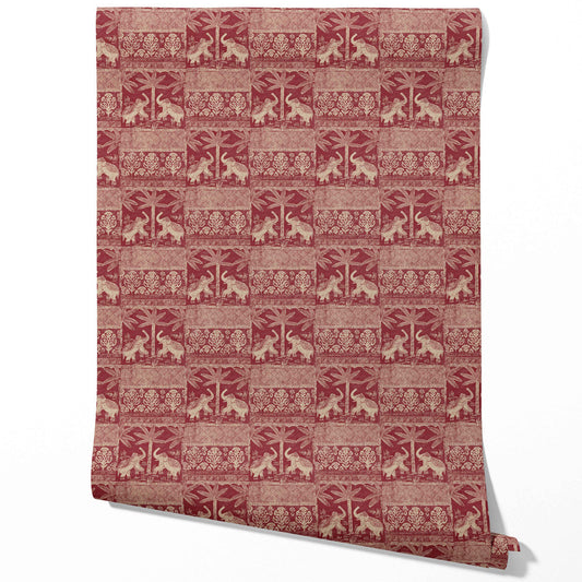 Ethnic/ Heritage Elephants & Animals Print Traditional Wallpaper Sample (Red/ Beige)