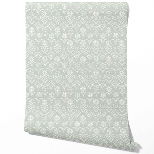 Modern Floral Botanical Traditional Wallpaper Sample (Duck Egg Blue/ White)