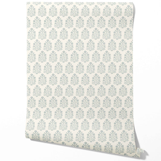 Vintage-Inspired Floral Block Print Traditional Wallpaper Sample (Cream/ Blue-Green)