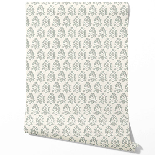 Neutral-Toned Botanical Floral Block Print Traditional Wallpaper Sample (Sage Gray/ Cream)