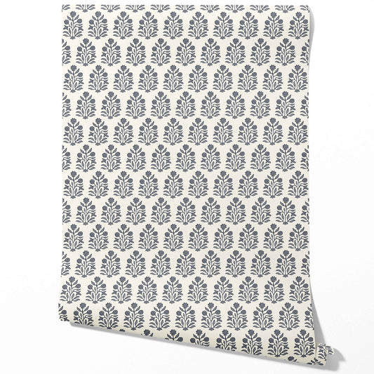 Vintage-Inspired Floral Block Print Traditional Wallpaper Sample (Navy Blue/ Cream)