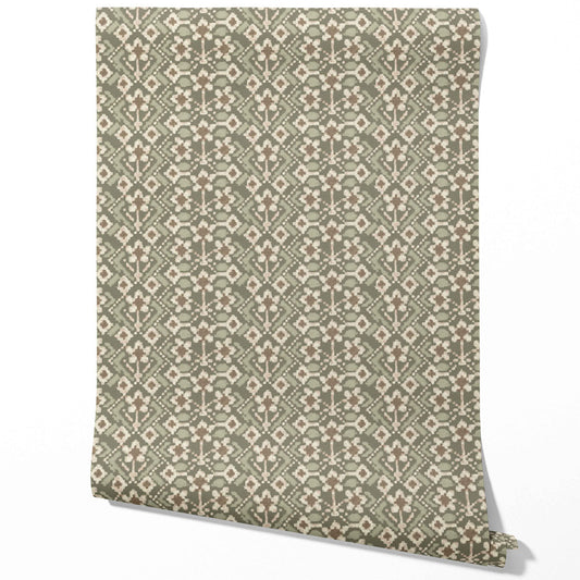 Modern Botanical Floral Traditional Wallpaper Sample (Olive Green/ Beige)