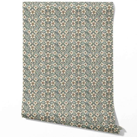 Modern Botanical Floral Traditional Wallpaper Sample (Forest Green / Beige)