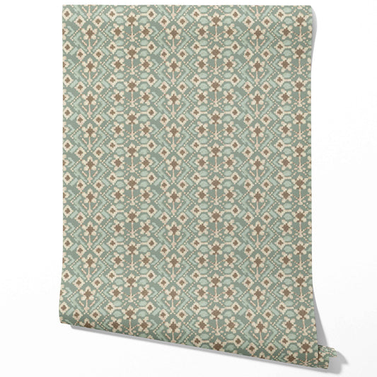Modern Botanical Floral Traditional Wallpaper Sample (Sage Green/ Beige)