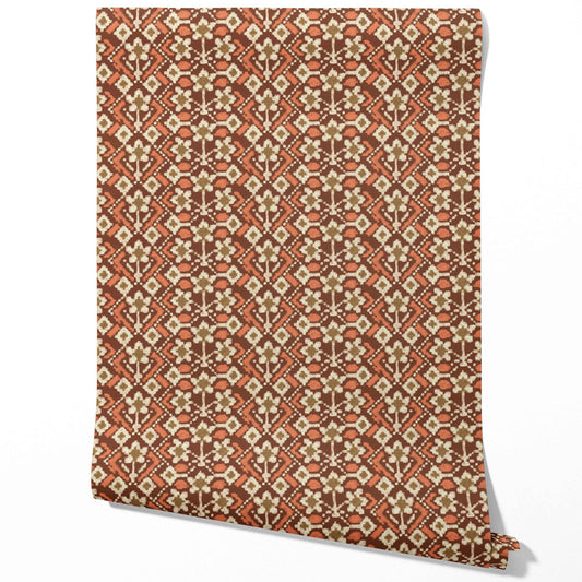 Modern Botanical Floral Traditional Wallpaper Sample (Brown/ Orange/ Beige)