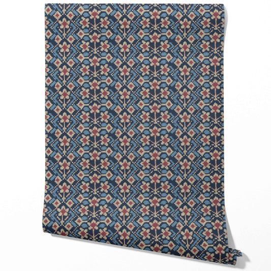 Modern Botanical Floral Traditional Wallpaper Sample (Navy Blue/ Pink/ Beige)