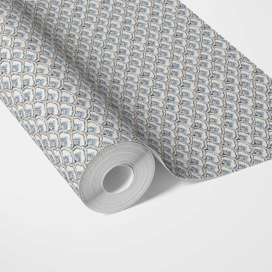 Small-Scale Floral Lattice Traditional Wallpaper Sample (Blue/ Gray/ White)
