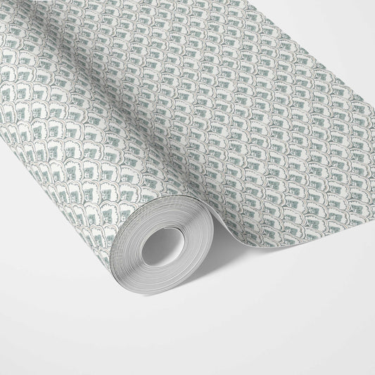 Small-Scale Floral Lattice Traditional Wallpaper Sample (Blue-Green/ White)