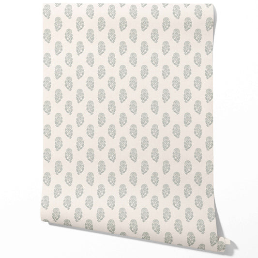 Neutral Botanical/ Floral Block Print Traditional Wallpaper (Green-Gray/ Cream)