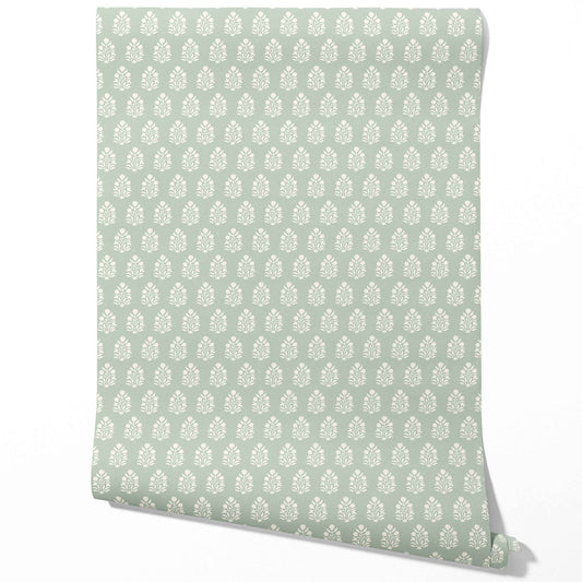 Vintage-Inspired Botanical Floral Block Print Traditional Wallpaper Sample (Duck Egg Blue/ Cream)