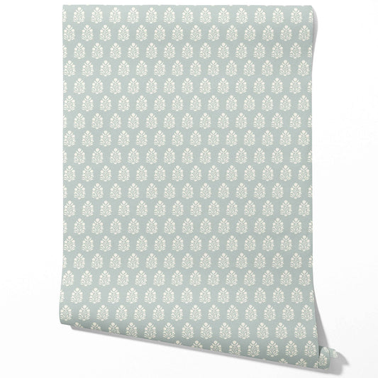 Vintage-Inspired Botanical Floral Block Print Traditional Wallpaper Sample (Blue/ Cream)