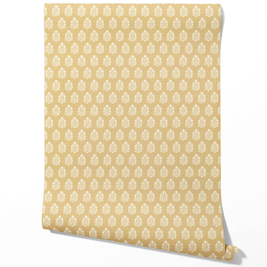 Vintage-Inspired Botanical Floral Block Print Traditional Wallpaper Sample (Yellow/ Cream)