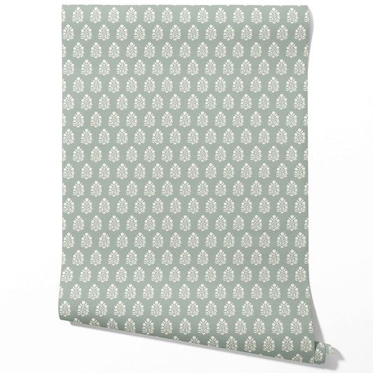 Vintage-Inspired Botanical Floral Block Print Traditional Wallpaper Sample (Green-Gray/ Cream)
