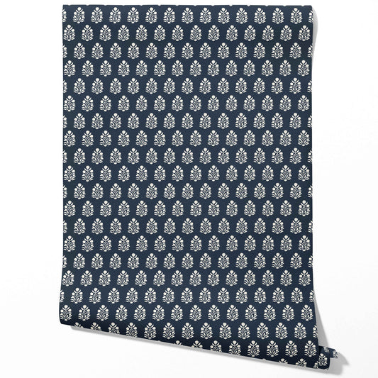 Vintage-Inspired Botanical Floral Block Print Traditional Wallpaper Sample (Navy Blue/ White)