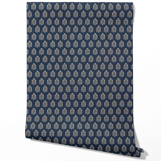 Vintage-Inspired Botanical Floral Block Print Traditional Wallpaper Sample (Navy Blue/ Beige)