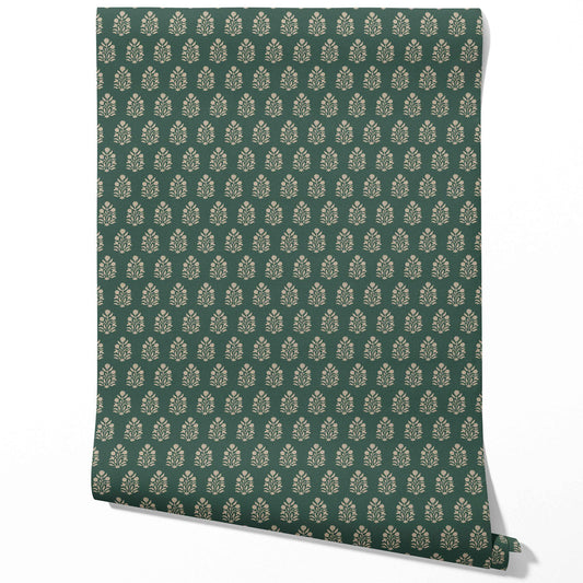Vintage-Inspired Botanical Floral Block Print Traditional Wallpaper Sample (Green/ Beige)