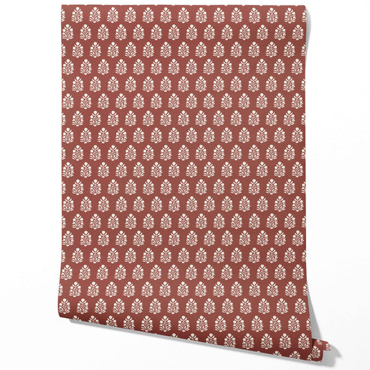 Vintage-Inspired Botanical Floral Block Print Traditional Wallpaper Sample (Brick Red/ White)