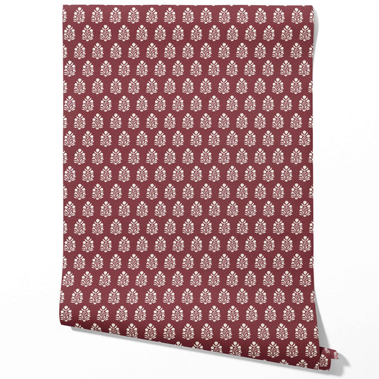 Vintage-Inspired Botanical Floral Block Print Traditional Wallpaper Sample (Red/ White)