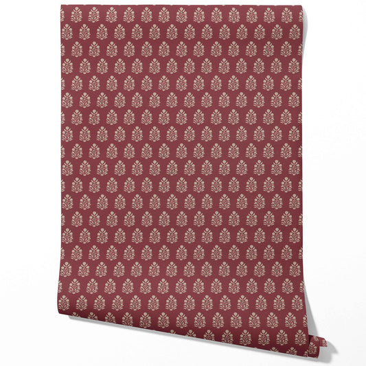 Vintage-Inspired Botanical Floral Block Print Traditional Wallpaper Sample (Red/ Beige)