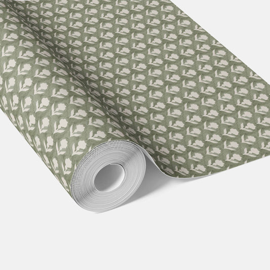Small Floral Block Print Traditional Wallpaper Sample (Green/ White)