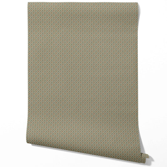 Small Floral Geometric Lattice Traditional Wallpaper Sample (Olive Green/ Brown)