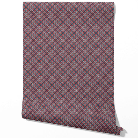 Small Floral Geometric Lattice Traditional Wallpaper Sample (Navy Blue/ Red)